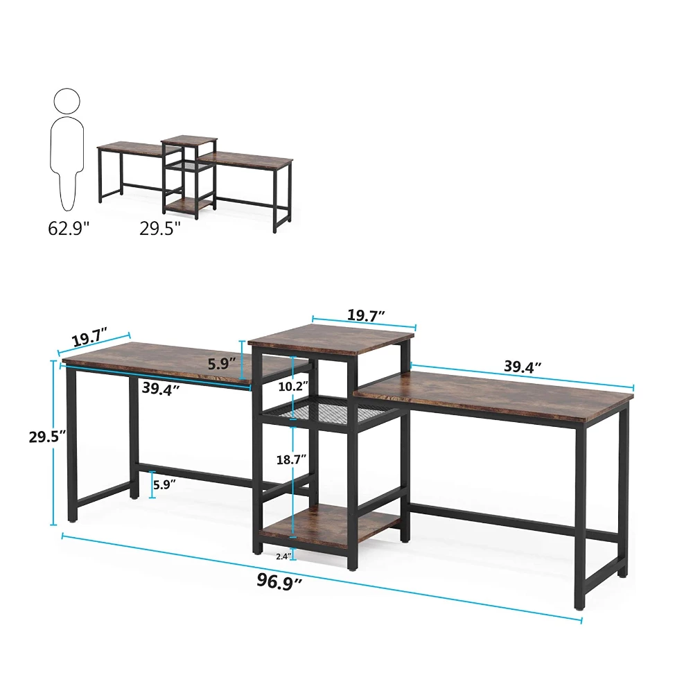 Double desk with printer shelf-Black