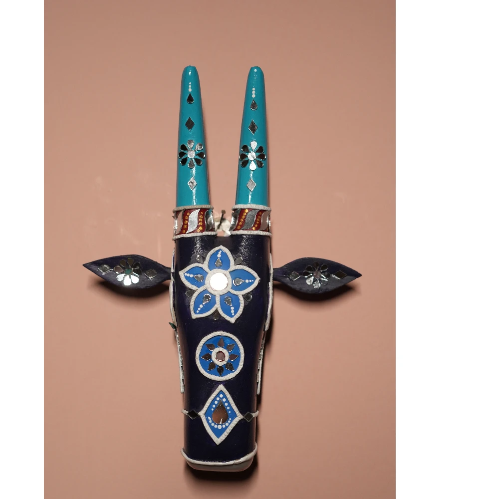 Cow Head Dark Blue & Sky Blue Hand Painted Pattachitra Wall Décor 12 Inch