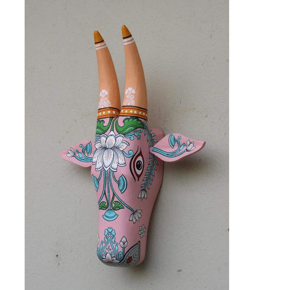 Cow Head Orange Hand Painted Pattachitra Wall Décor 16 Inch