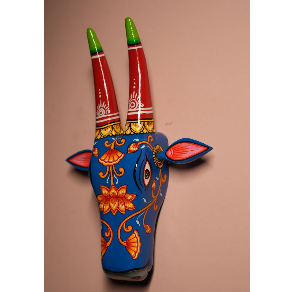 Cow Head Indigo Blue & Red Hand Painted Pattachitra Wall Décor 12 Inch