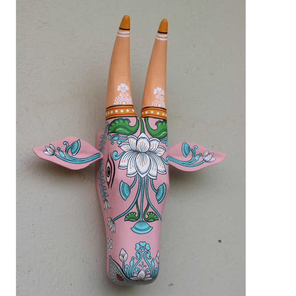 Cow Head Orange Hand Painted Pattachitra Wall Décor 16 Inch