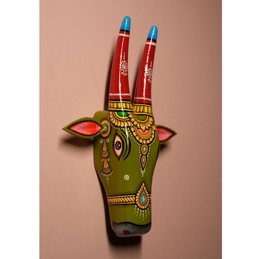 Cow Head Mehandi Green & Red Hand Painted Pattachitra Wall Décor 12 Inch