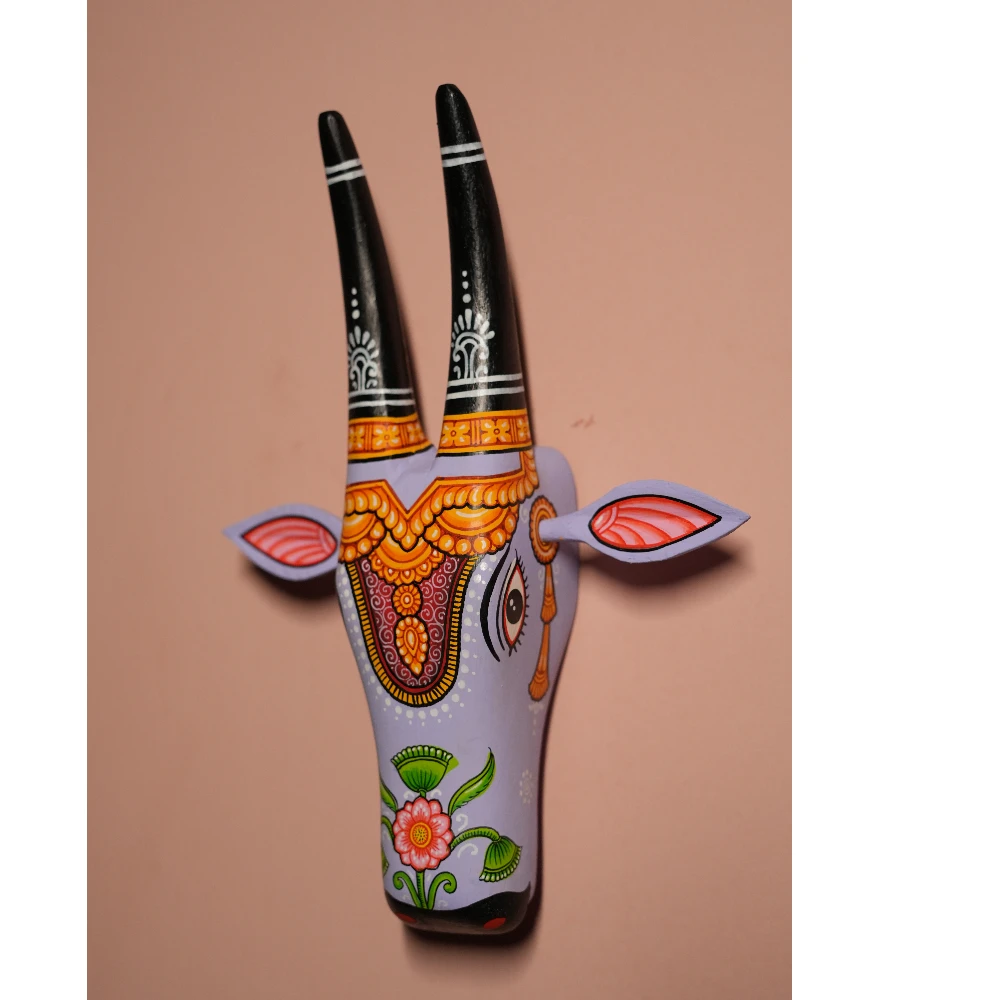Cow Head Light Purple & Black Hand Painted Pattachitra Wall Décor 12 Inch
