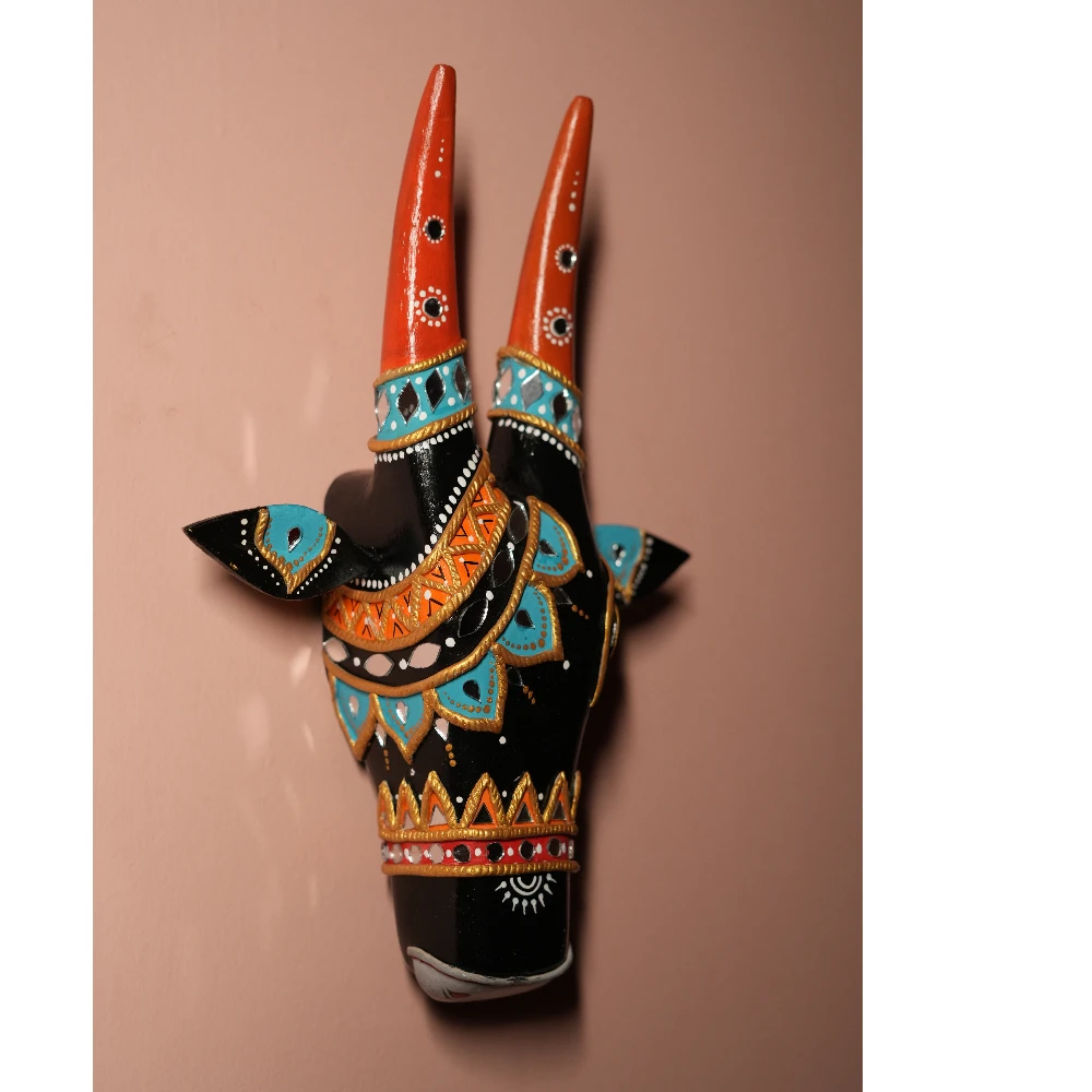 Cow Head Black & Bright Orange Hand Painted Pattachitra Wall Décor 12 Inch