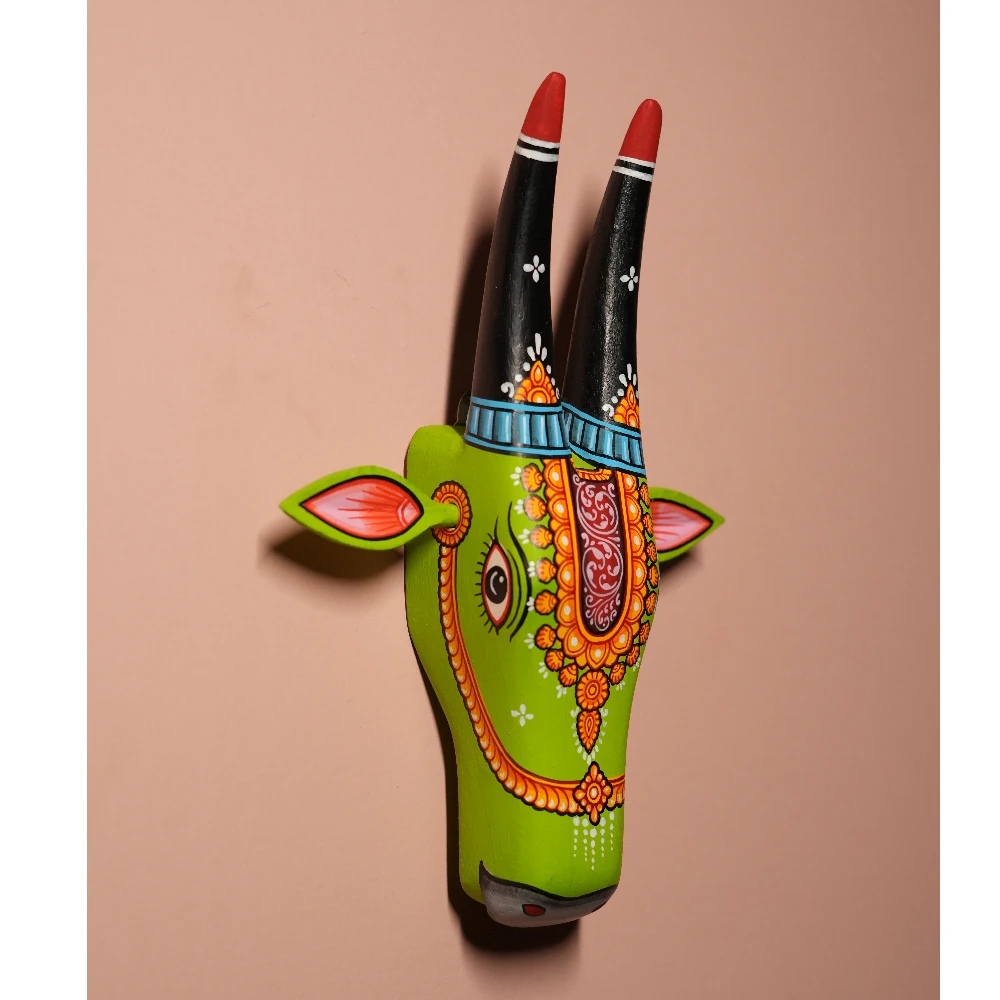 Cow Head Olive Green & Black Hand Painted Pattachitra Wall Decor 12 Inch