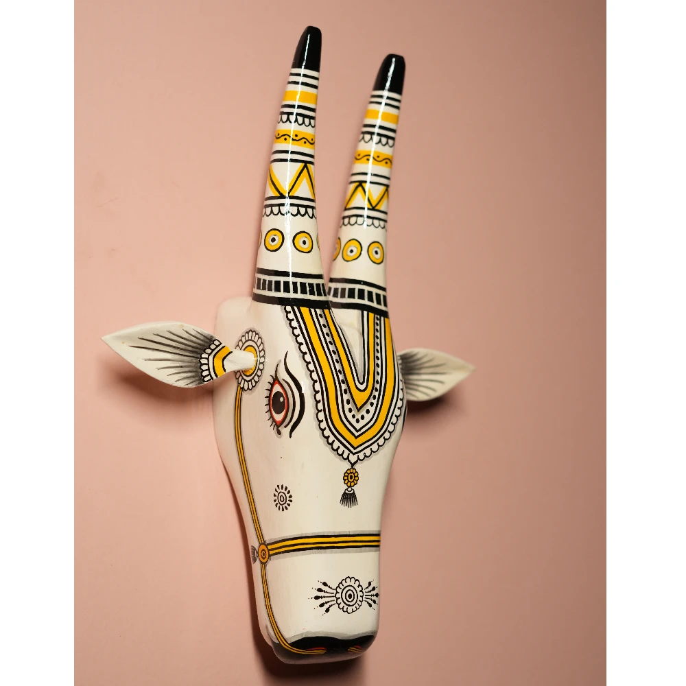 Cow Head Off-White & yellow Hand Painted Pattachitra Wall Décor 12 Inch
