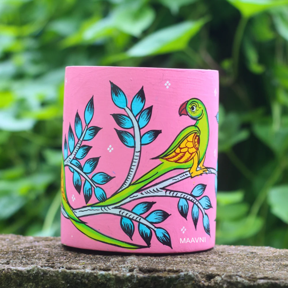 Parrot Sitting On Branch Handpainted Pink Pen Stand
