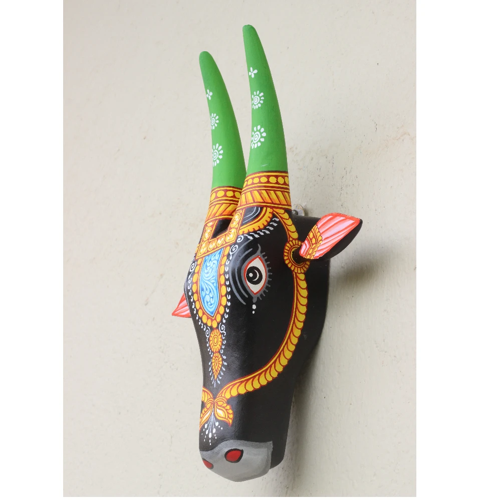 Cow Head Black & Green Hand Painted Pattachitra Wall Décor 12 Inch