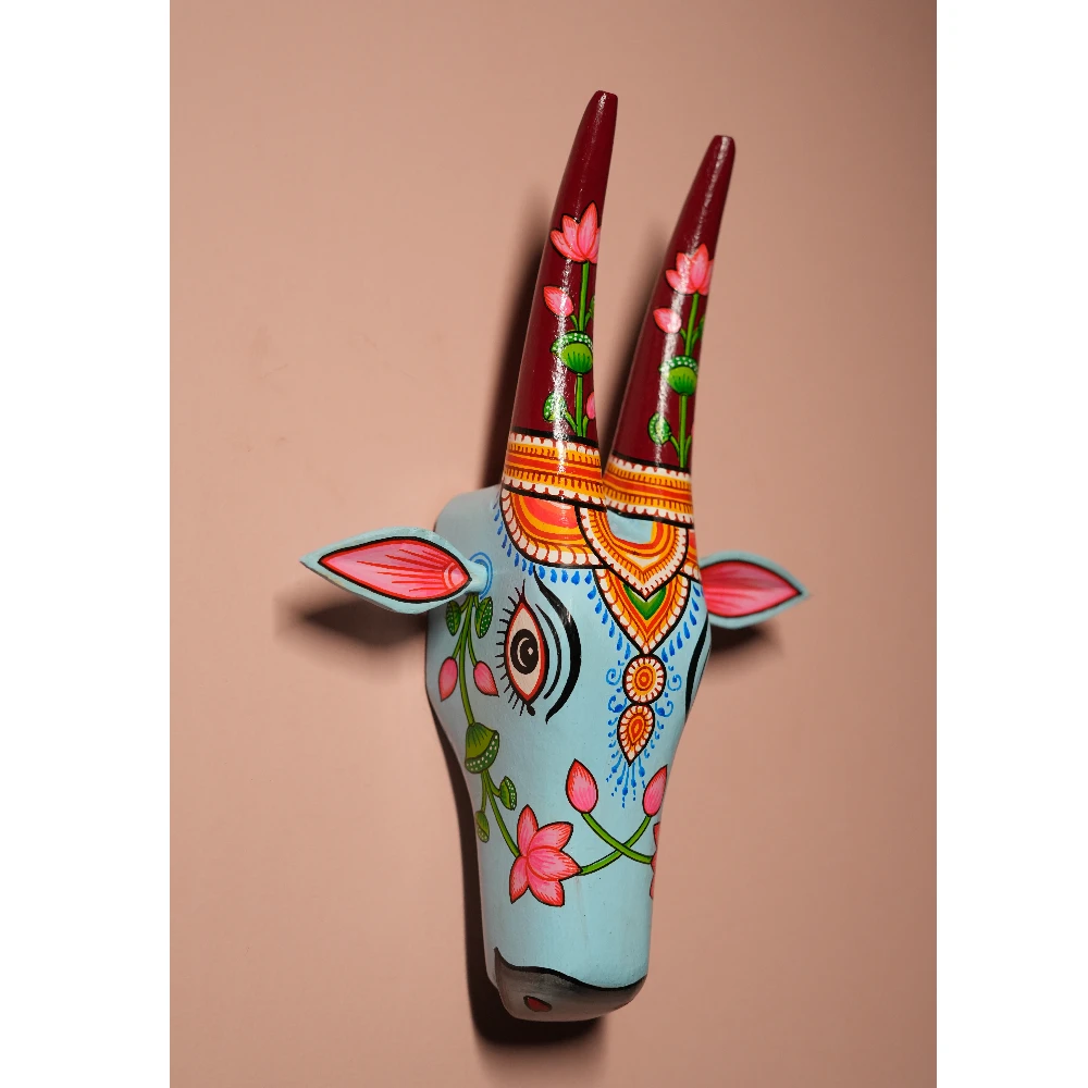 Cow Head Light Sky Blue Hand Painted Pattachitra Wall Décor 12 Inch
