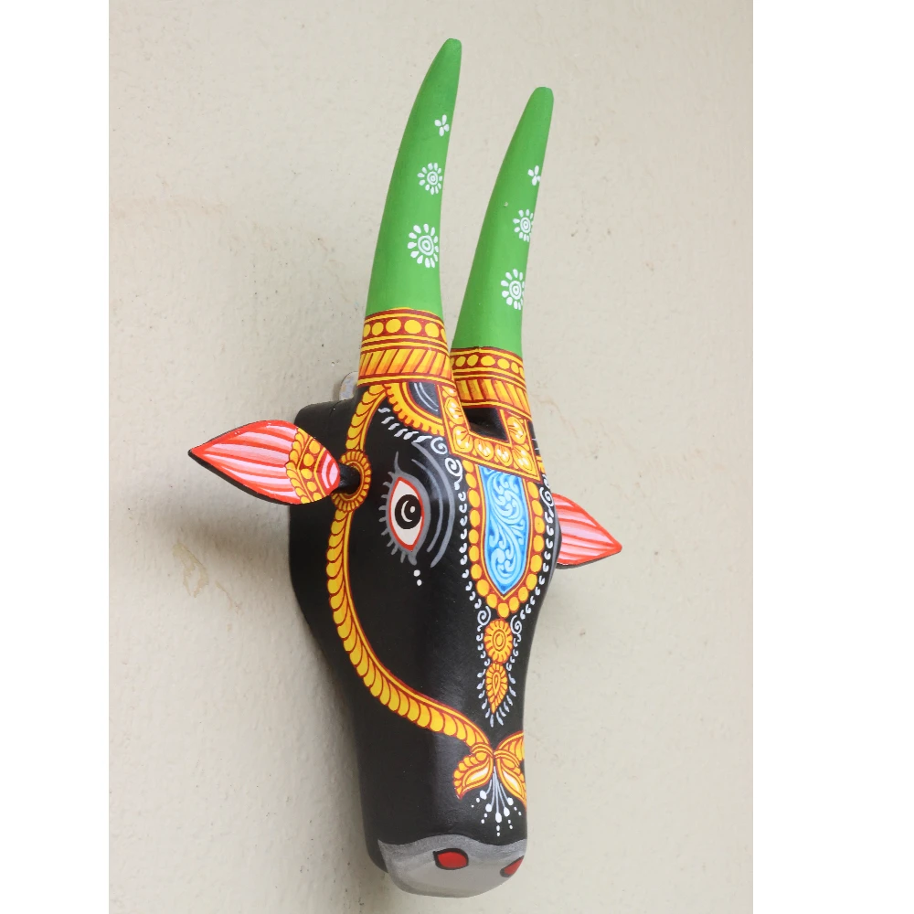 Cow Head Black & Green Hand Painted Pattachitra Wall Décor 12 Inch