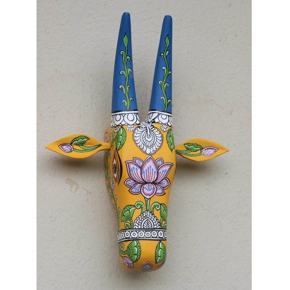 Cow Head Yellow & Blue Lotus Hand Painted Pattachitra Wall Décor 12 Inch