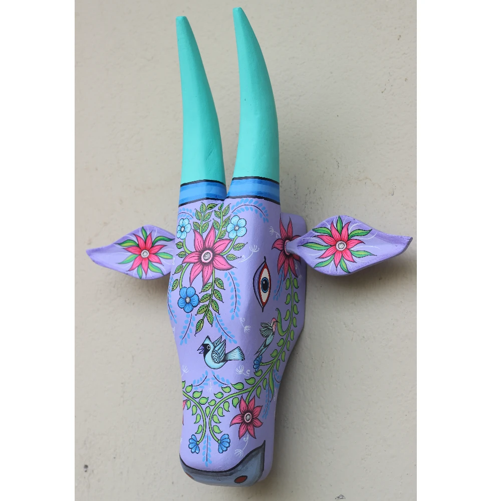 Cow Head Light Purple Hand Painted Pattachitra Wall Décor 16 Inch