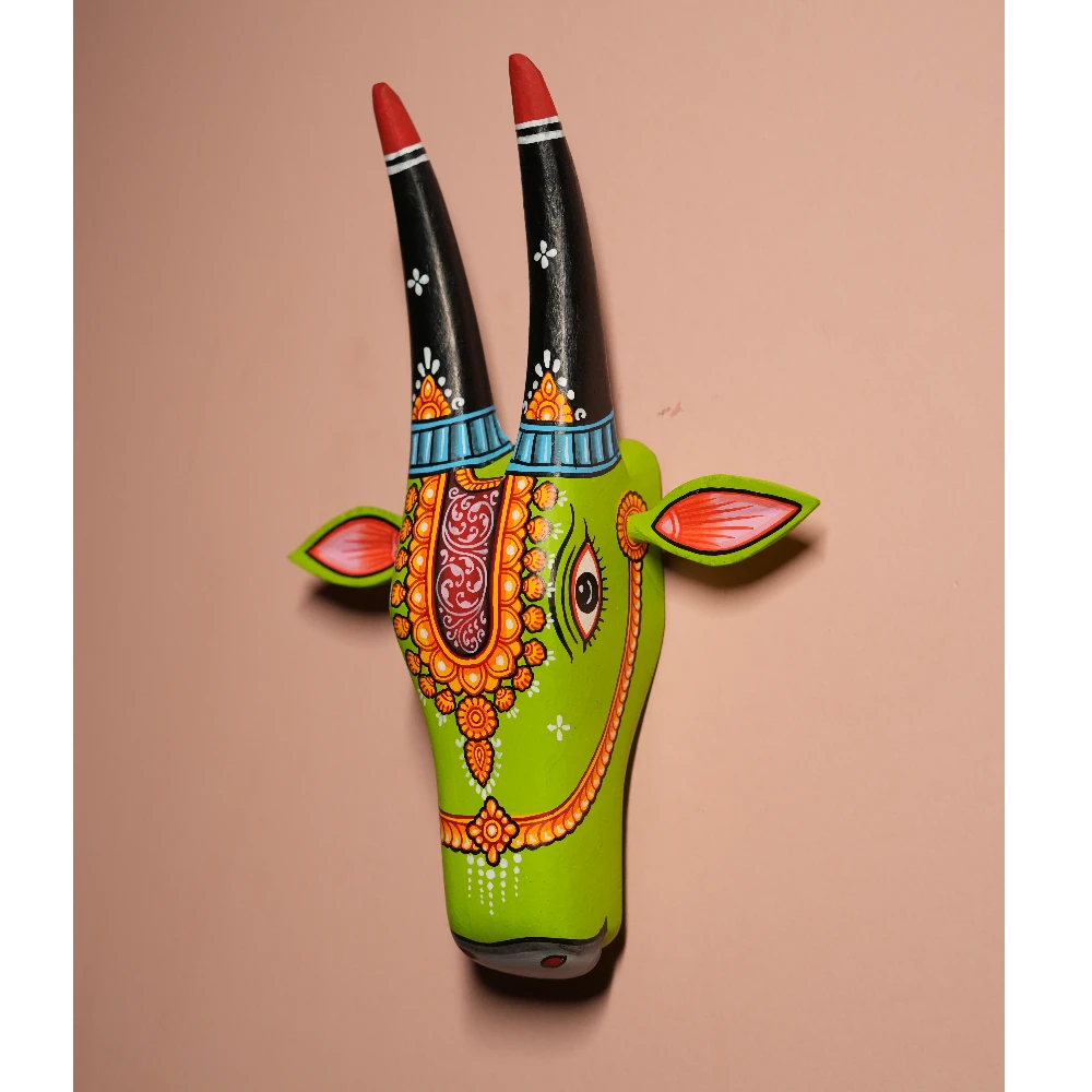 Cow Head Olive Green & Black Hand Painted Pattachitra Wall Decor 12 Inch