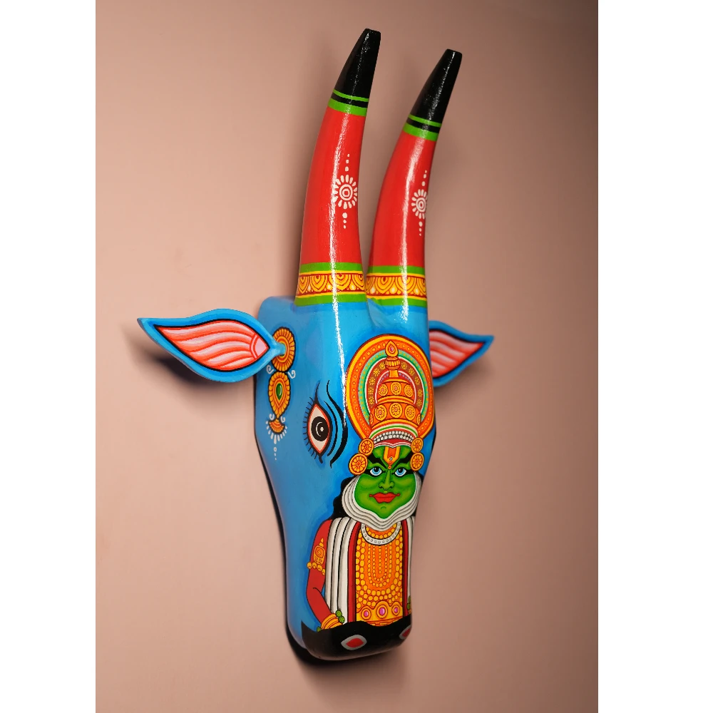 Cow Head Blue & Dark Orange Bharatanatyam Hand Painted Pattachitra Wall Décor 12 Inch
