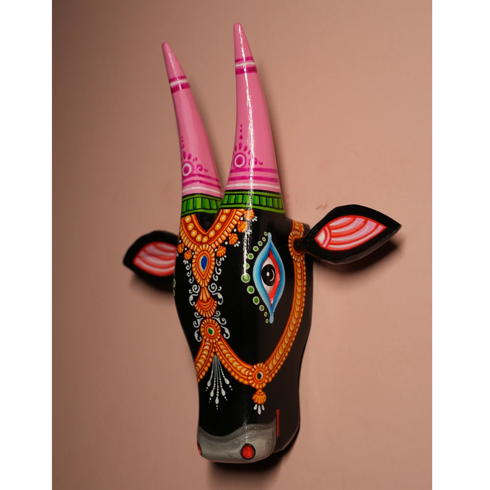 Cow Head Black & Pink Hand Painted Pattachitra Wall Décor 12 Inch