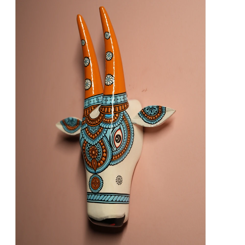 Cow Head White & Orange Hand Painted Pattachitra Wall Décor 12 Inch