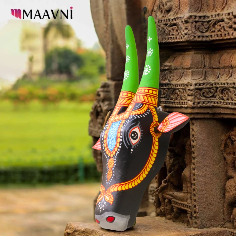 Cow Head Black & Green Hand Painted Pattachitra Wall Décor 12 Inch