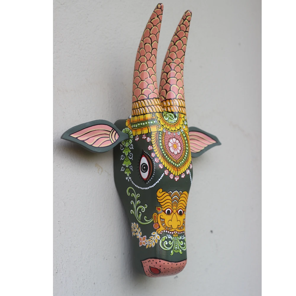 Cow Head Dark Green Hand Painted Pattachitra Wall Décor 16 Inch