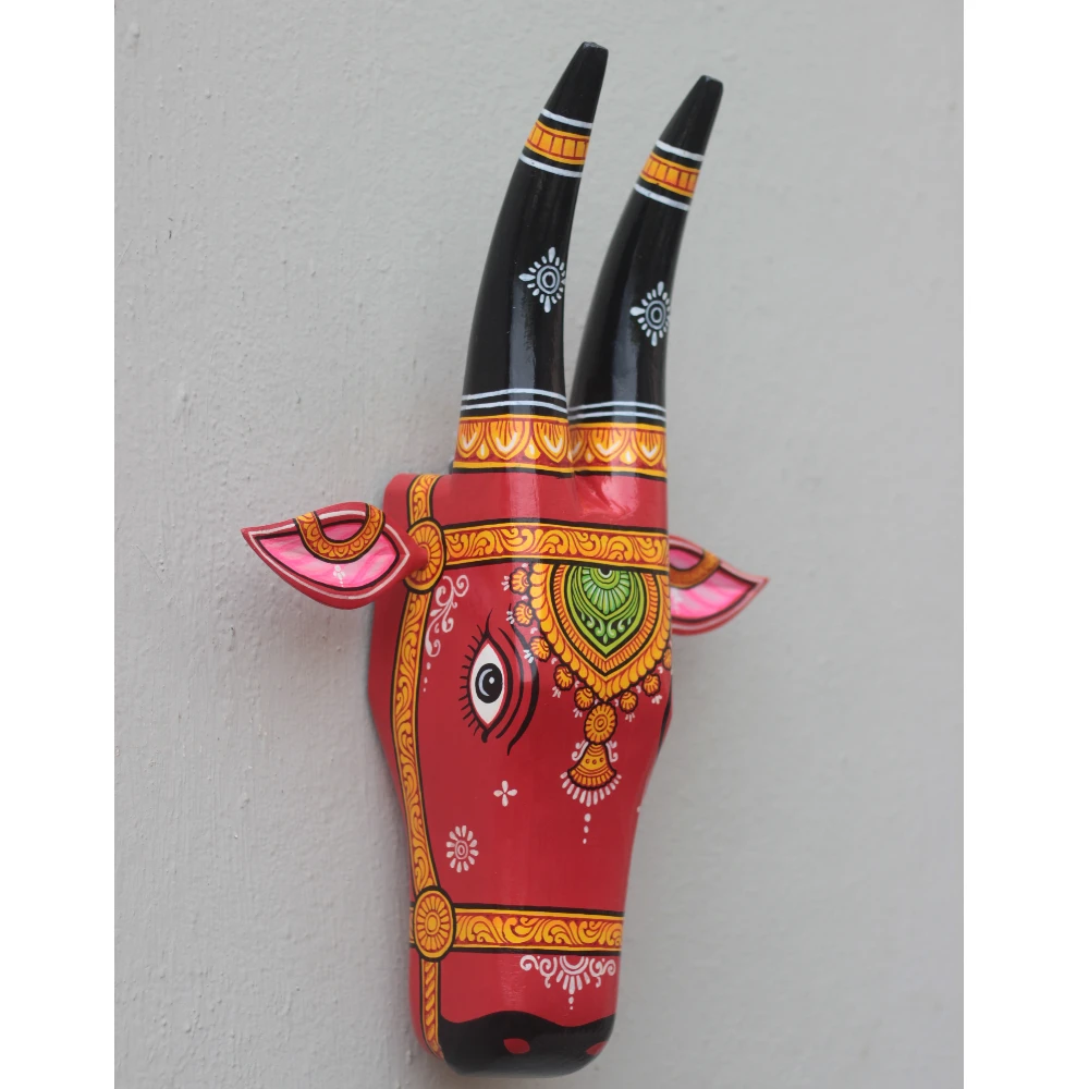 Cow Head Red, Black Yellow Hand Painted Pattachitra Wall Décor 16 Inches