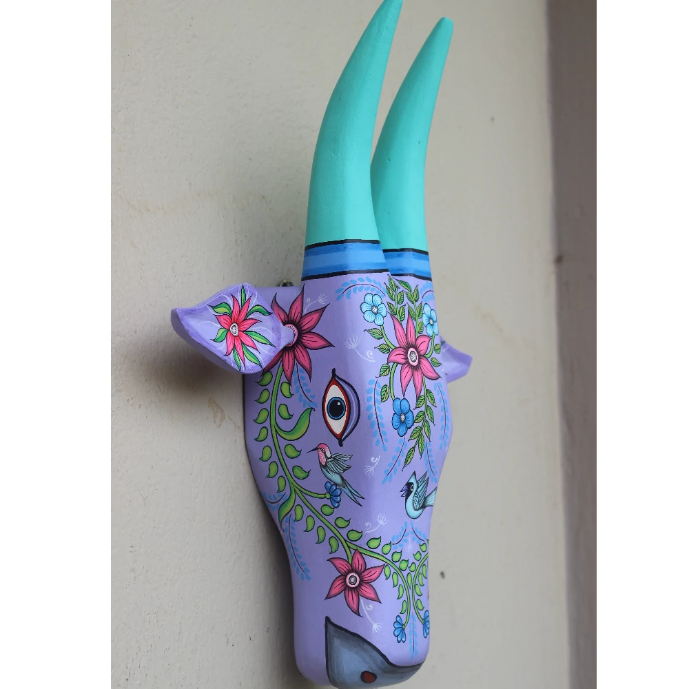 Cow Head Light Purple Hand Painted Pattachitra Wall Décor 16 Inch