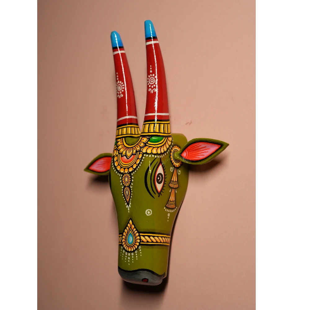 Cow Head Mehandi Green & Red Hand Painted Pattachitra Wall Décor 12 Inch