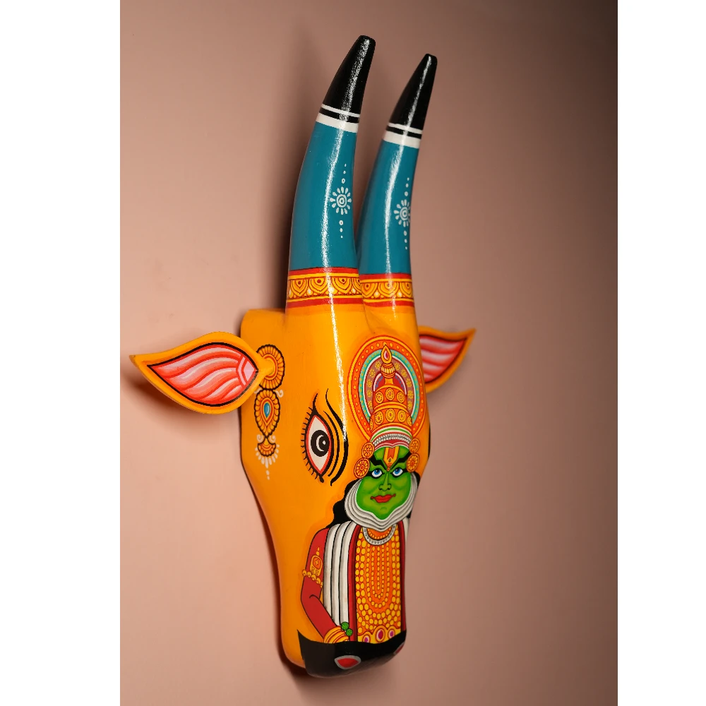 Cow Head Orange & Turquoise Bharatanatyam Hand Painted Pattachitra Wall Décor 12 Inch