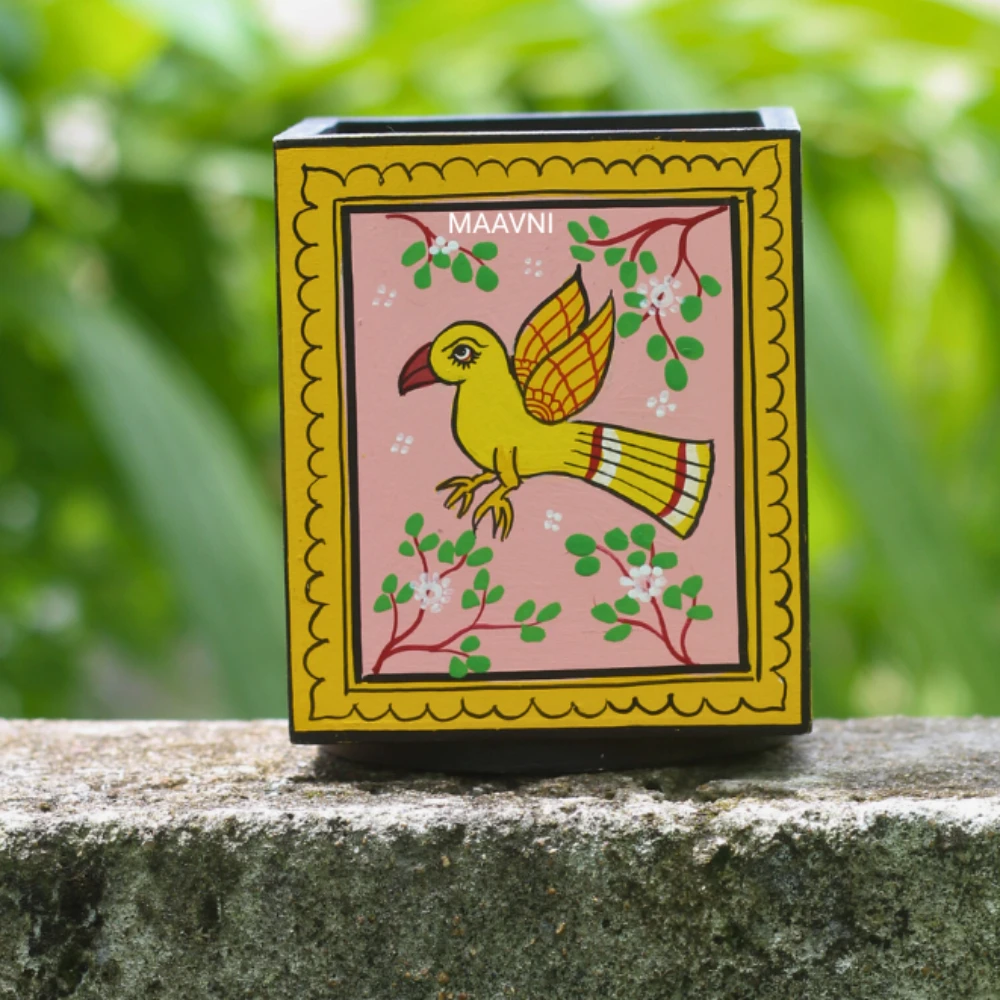 Pattachitra Yellow Bird Handpainted Pink Pen Stand