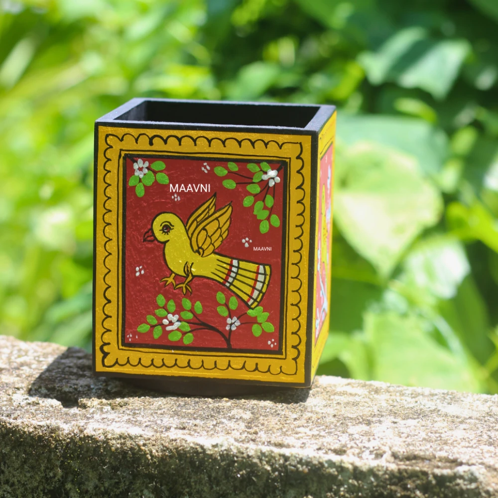 Pattachitra Yellow Bird Handpainted  Red Pen Stand