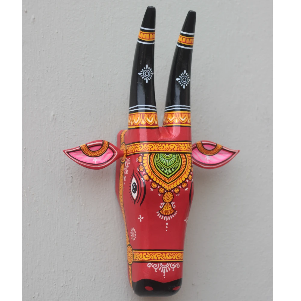 Cow Head Red, Black Yellow Hand Painted Pattachitra Wall Décor 16 Inches