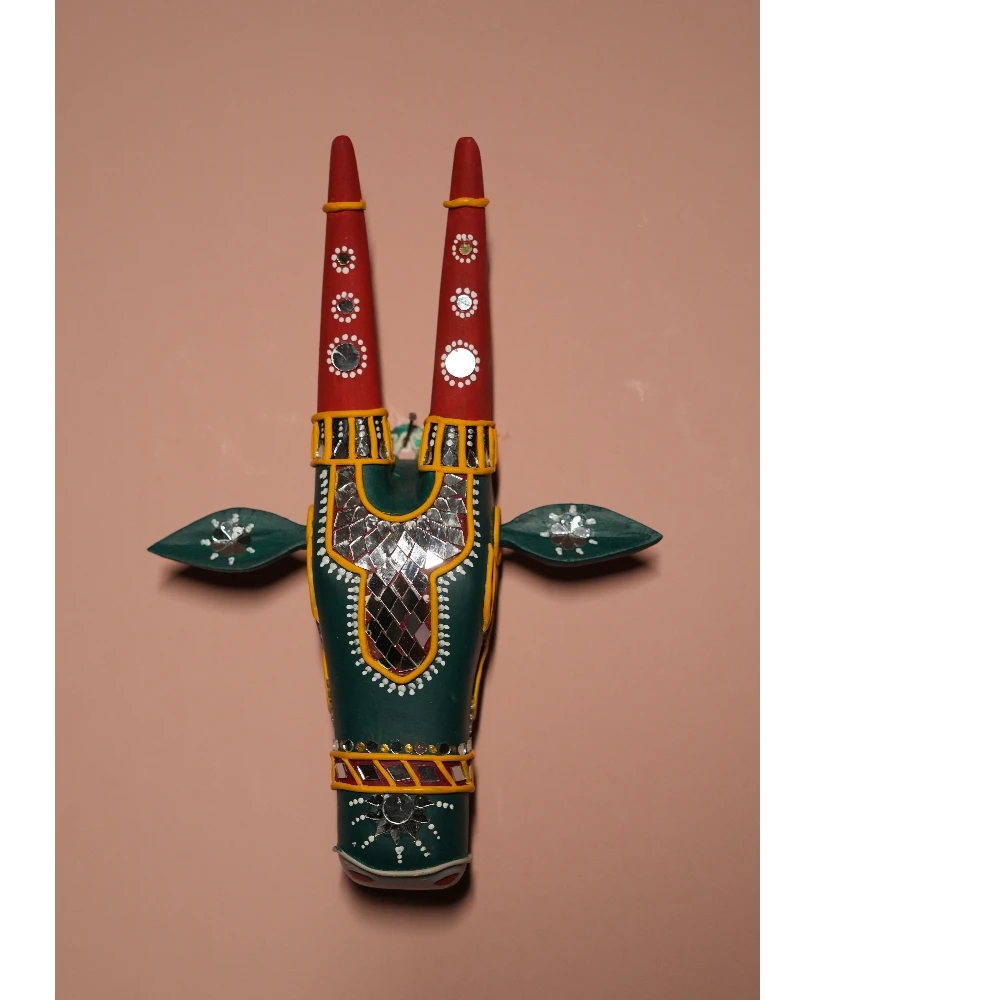 Cow Head Dark Green & Red Hand Painted Pattachitra Wall Décor 12 Inch
