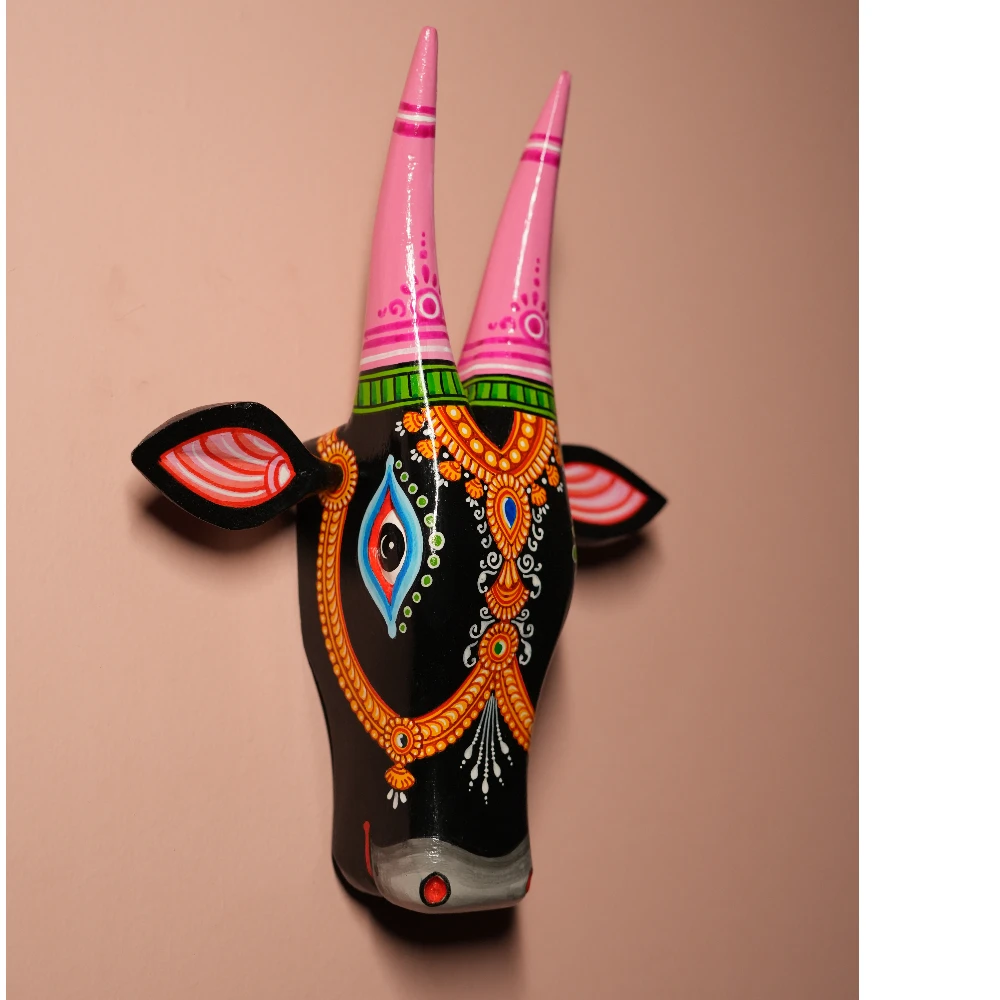 Cow Head Black & Pink Hand Painted Pattachitra Wall Décor 12 Inch