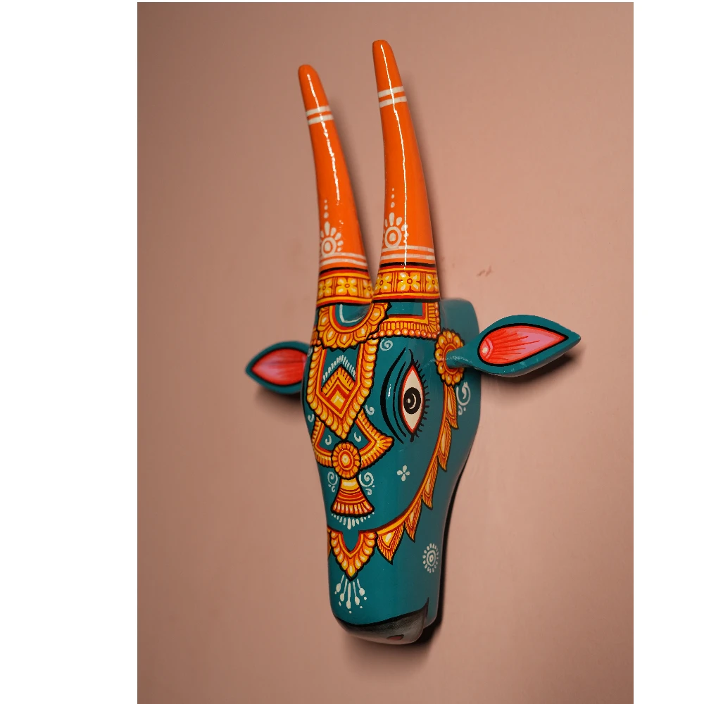 Cow Head Turquoise & Orange Hand Painted Pattachitra Wall Décor 12 Inch