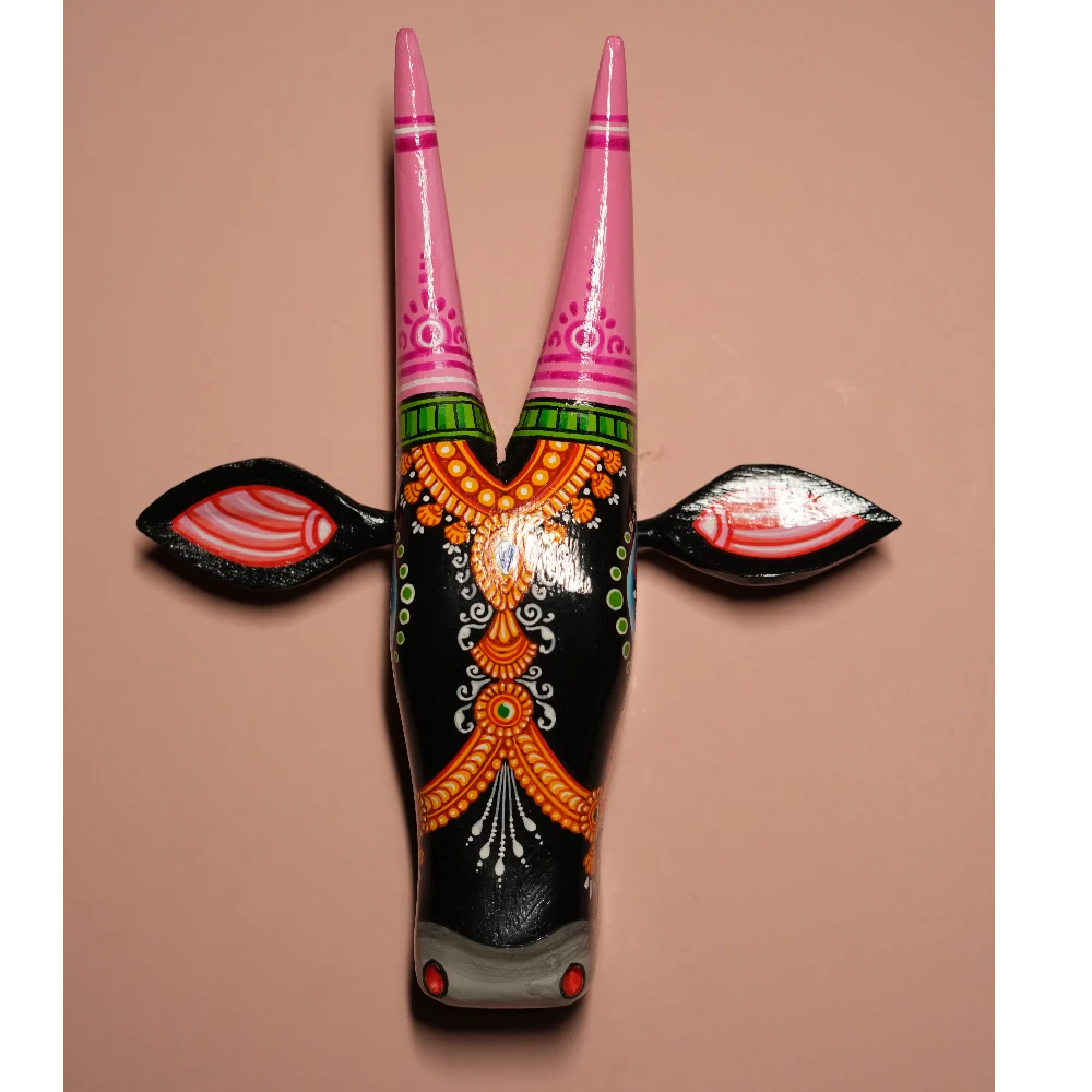 Cow Head Black & Pink Hand Painted Pattachitra Wall Décor 12 Inch