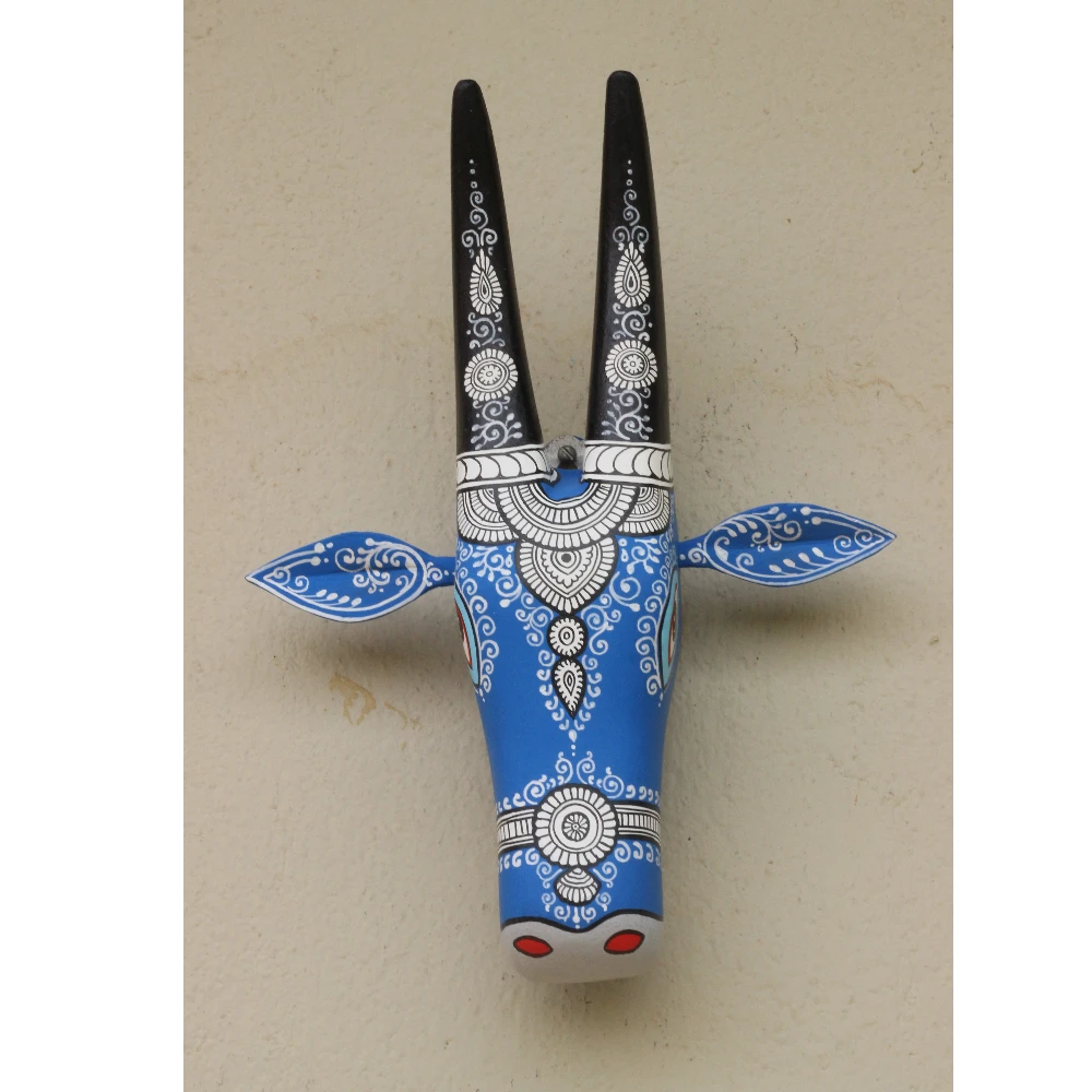 Cow Head Blue & Black Hand Painted Pattachitra Wall Décor 12 Inch
