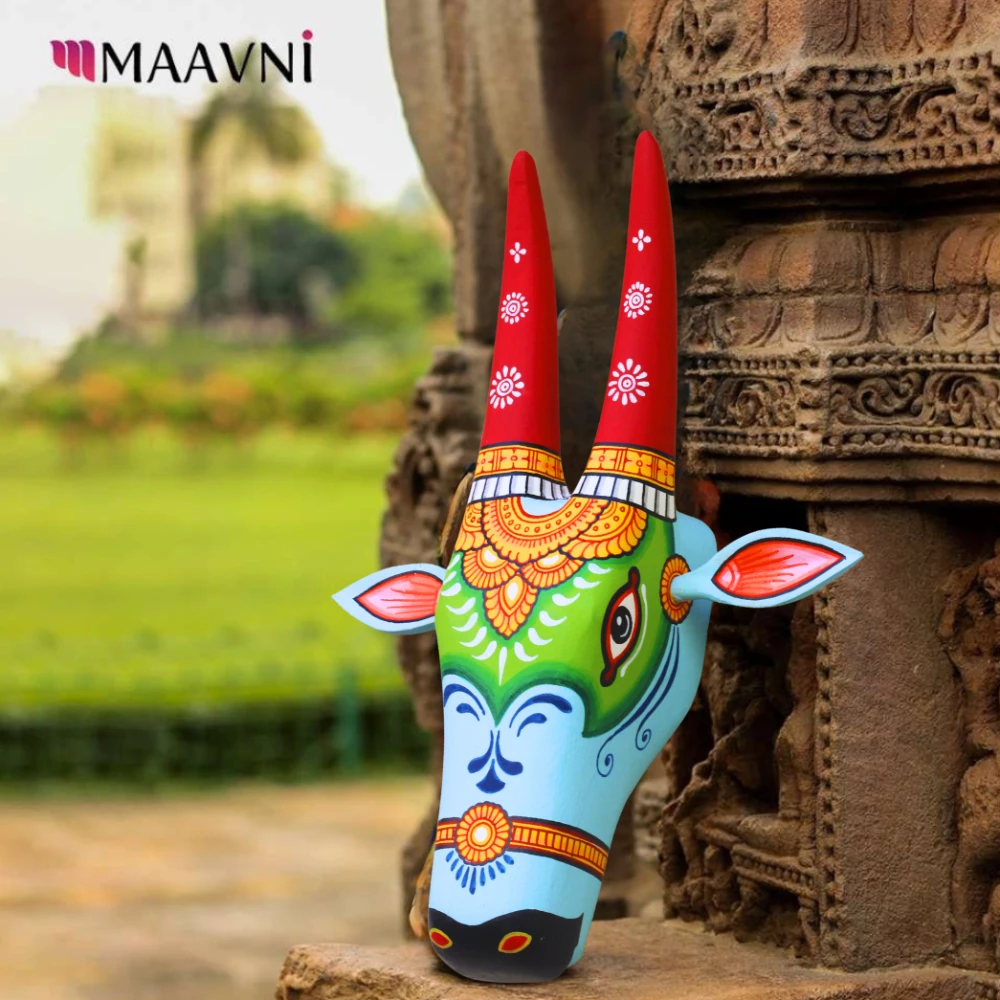 Cow Head Sky Blue & Red Hand Painted Pattachitra Wall Décor 12 Inch