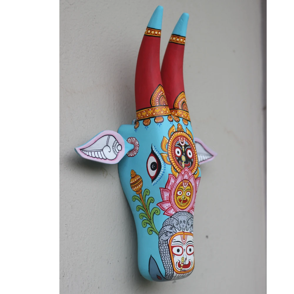 Cow Head Sky Blue Hand Painted Pattachitra Wall Décor 16 Inch