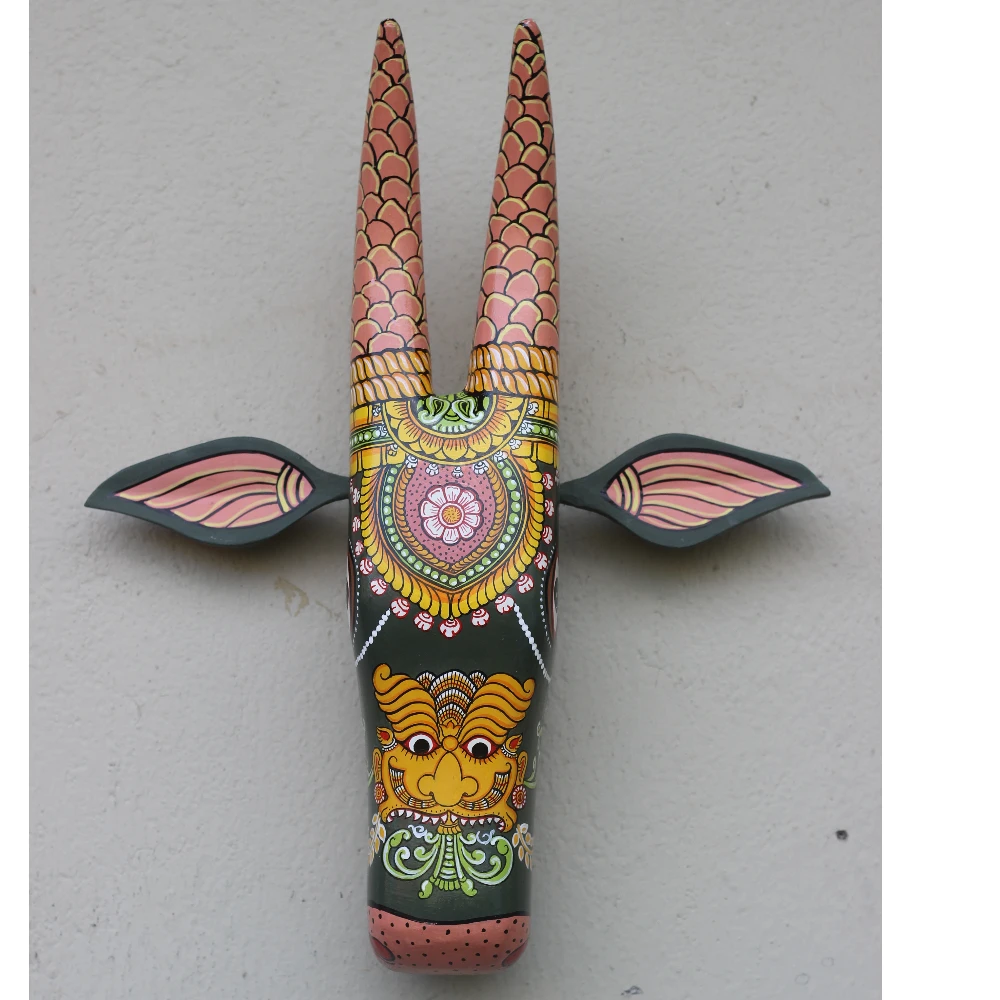 Cow Head Dark Green Hand Painted Pattachitra Wall Décor 16 Inch