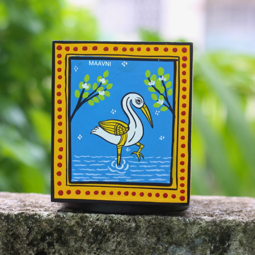 Pattachitra White Bird Handpainted Blue Pen Stand