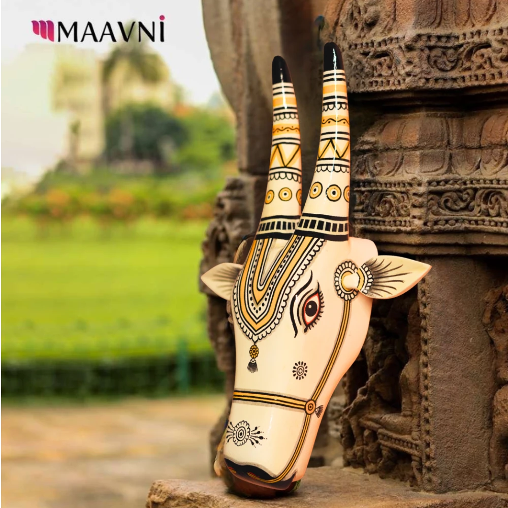 Cow Head Off-White & yellow Hand Painted Pattachitra Wall Décor