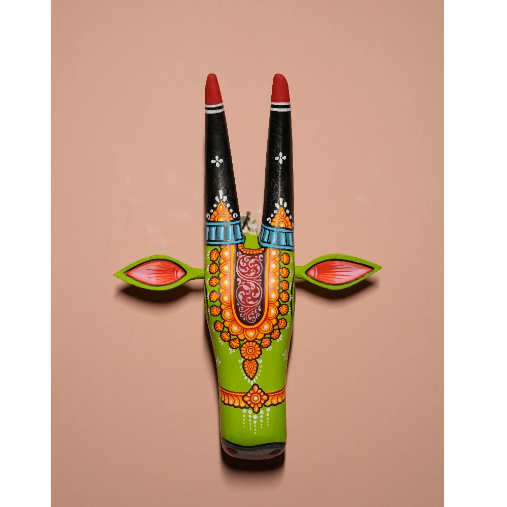 Cow Head Olive Green & Black Hand Painted Pattachitra Wall Decor 12 Inch