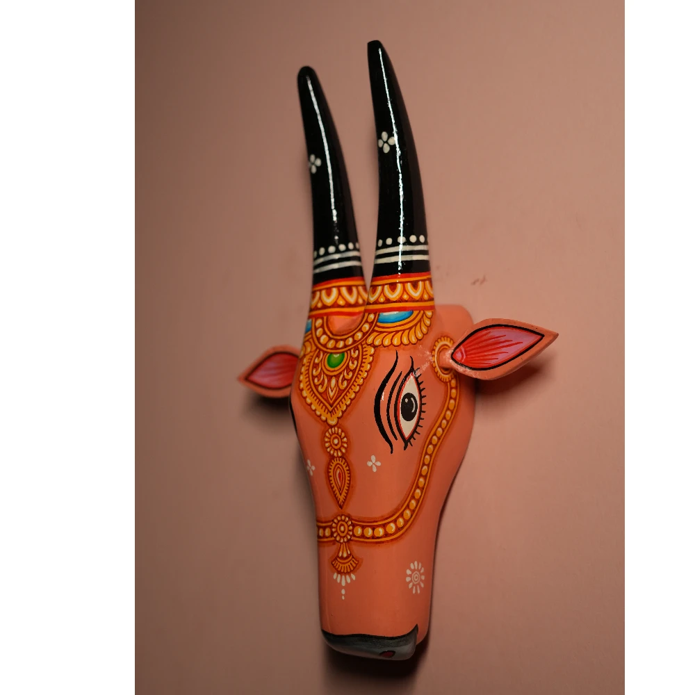 Cow Head Orange & Maroon Hand Painted Pattachitra Wall Décor 12 Inch
