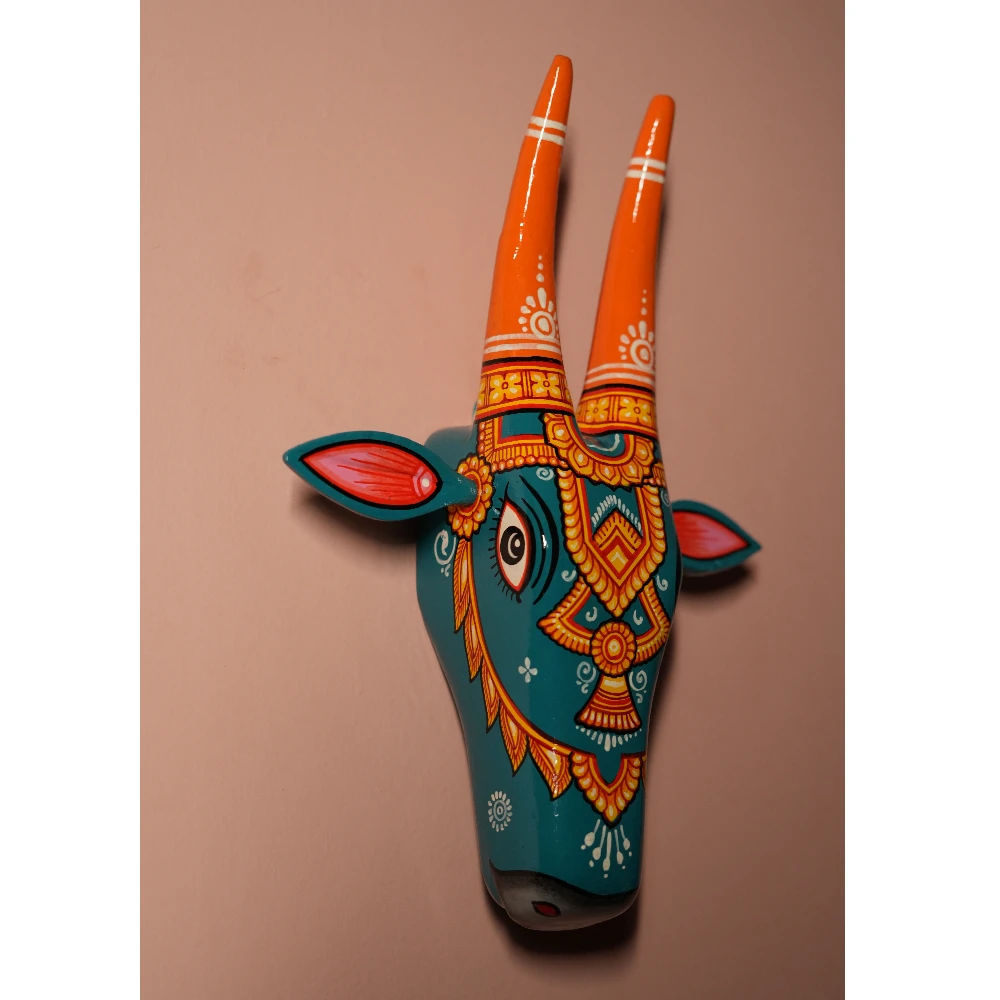 Cow Head Turquoise & Orange Hand Painted Pattachitra Wall Décor 12 Inch