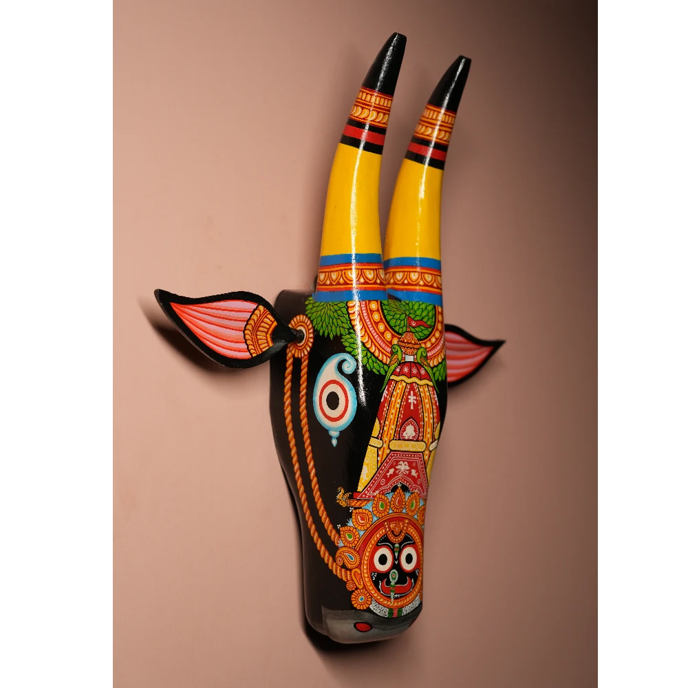 Cow Head Black & Yellow Ratha Hand Painted Pattachitra Wall Décor 12 Inch
