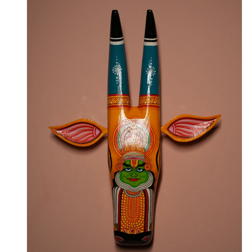 Cow Head Orange & Turquoise Bharatanatyam Hand Painted Pattachitra Wall Décor 12 Inch
