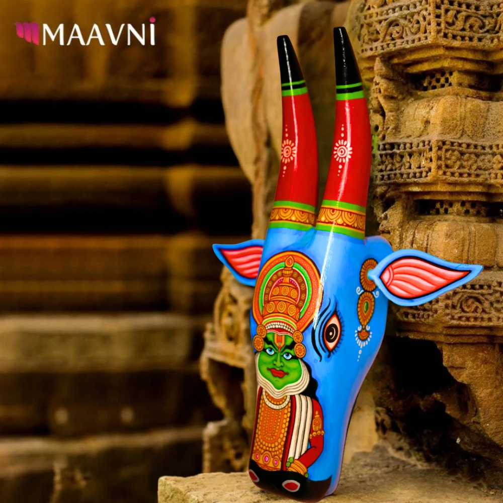 Cow Head Blue & Dark Orange Bharatanatyam Hand Painted Pattachitra Wall Décor