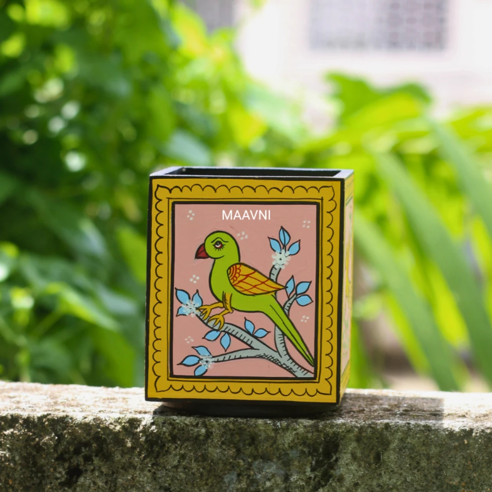 Pattachitra Green Bird Handpainted Pink Pen Stand