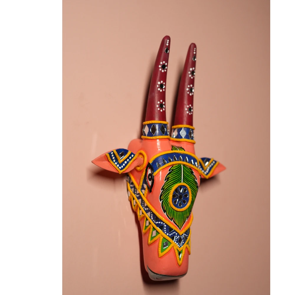 Cow Head Orange & Black Hand Painted Pattachitra Wall Décor 12 Inch