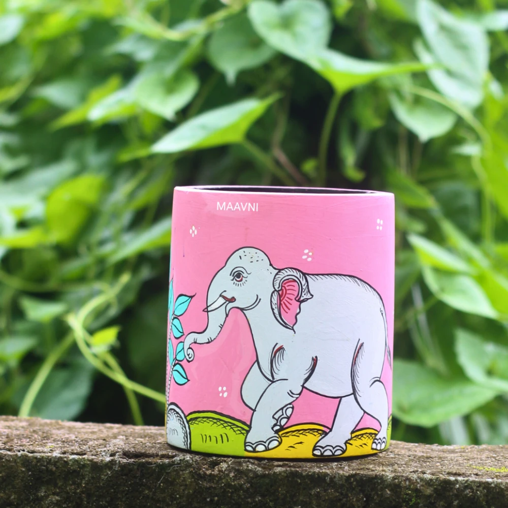 Elephant  Greay Handpainted Pink Pen Stand
