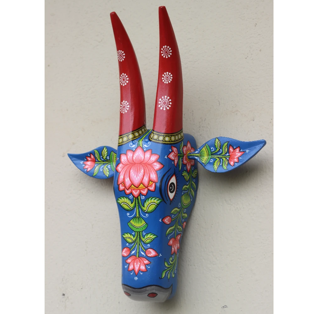 Cow Head Blue & Red Lotus Hand Painted Pattachitra Wall Décor 16 Inches