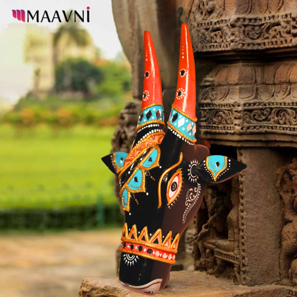 Cow Head Black & Bright Orange Hand Painted Pattachitra Wall Décor
